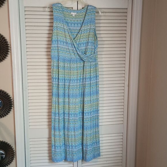 J. Jill Women's Maxi Dress Sz Lg Wrap Neck Sleeveless Blue Boho Aztec Geometric - Picture 1 of 6
